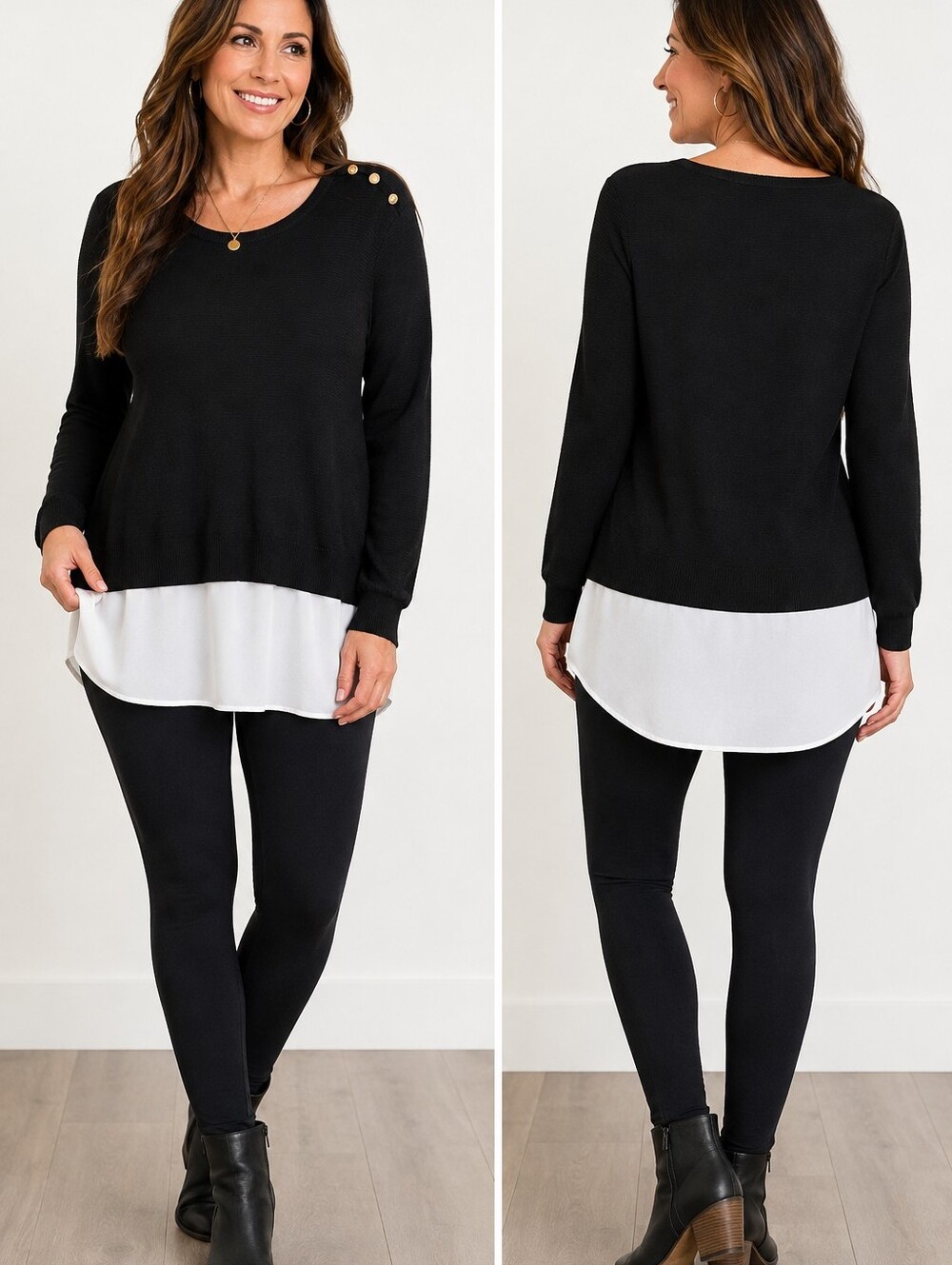 XL - Apt. 9 Black White Layered Sweater Tunic Gold Button NWT